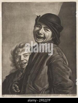 Pieter Louw d'après Frans Hals - deux garçons en riant avec un tenant une pièce. Banque D'Images