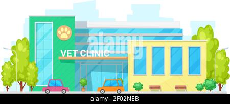 Extérieur de la clinique vétérinaire isolée de l'hôpital de médecine vétérinaire. Façade du bâtiment Vector, zone de stationnement Illustration de Vecteur
