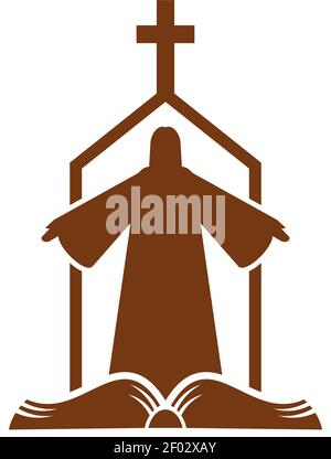 Prêtre de prière, église catholique et livre ouvert de bible isolé. Symboles de foi vectorielle, culte et évangile Illustration de Vecteur