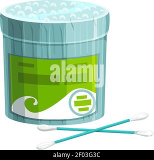 Ecouvillons en coton réalistes dans un emballage avec boîte ronde isolée par un bâton. Ecouvillons en coton Vector Realistic sur tige en plastique. Embouts en polyéthylène pa Illustration de Vecteur