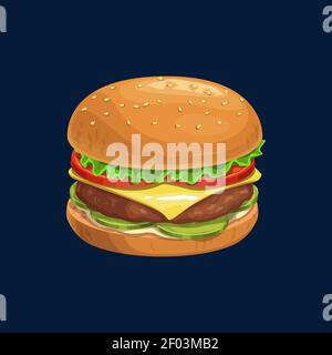 Hamburger fastfood snack avec pain croustillant au sésame, feuilles de laitue, tomates et fromage frais, poulet bœuf ou viande de porc hacher, concombres et mayonnais Illustration de Vecteur