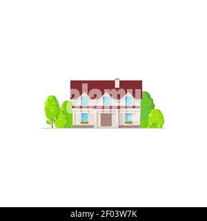 Maison de deux étages avec cheminée sur le toit icône isolée. Décoration extérieure de chalet vectoriel, fenêtres et pots de fleurs, arbres verts ou jardin. Contemporain Illustration de Vecteur