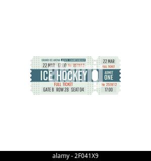 Modèle de maquette rétro isolée de billet de jeu de hockey sur glace. Billet d'époque Vector sur l'arène de patinoire avec ligne de coupe. Invitation sur l'état de grand arène de glace Illustration de Vecteur