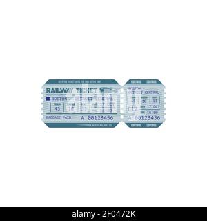 Billet de chemin de fer de Boston à l'icône de maquette isolée de Detroit. Billet de chemin de fer Vector, coupon avec élément de contrôle de dégonflage. Gare centrale pap Illustration de Vecteur