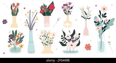 Ensemble de fleurs de printemps brillantes dans des vases et des bouteilles isolées sur un fond blanc. Illustration vectorielle plate de dessin animé. Illustration de Vecteur