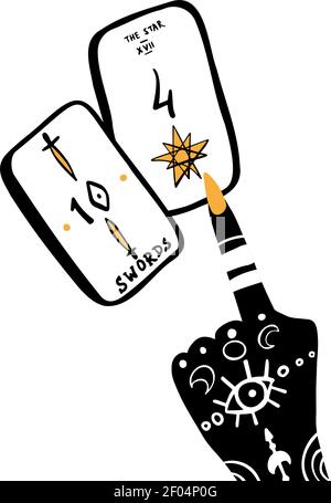 Illustration à la main des cartes de sorcières et de tarot. Symboles magiques. Style plat et dessin animé. Pour le motif imprimé, le tatouage, les autocollants. Tarot magique Wicca Illustration de Vecteur