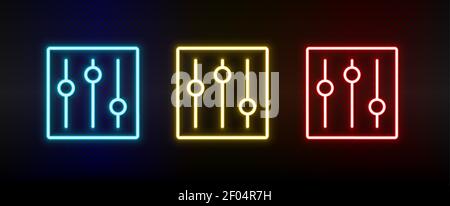 commandes, options, paramètres jeu d'icônes de néon. Ensemble d'icônes vectorielles de néon rouge, bleu et jaune Illustration de Vecteur