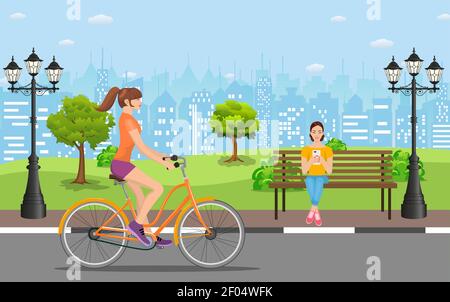 Couple vélo dans le parc public, Illustration de Vecteur