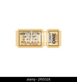 Invitation au billet rétro de course de chevaux isolé du club de course. Vector en admet un sur l'événement à l'hippodrome central, carte d'entrée rétro avec heure et siège Illustration de Vecteur