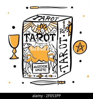 Illustration à la main des cartes de sorcières et de tarot. Symboles magiques. Style plat et dessin animé. Pour le motif imprimé, le tatouage, les autocollants. Tarot magique Wicca Illustration de Vecteur