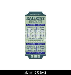 Billet de chemin de fer de Baltimore à Trenton maquette isolée. Billet papier de la gare centrale Vector avec mention du siège, du wagon et du train, des bagages A. Illustration de Vecteur