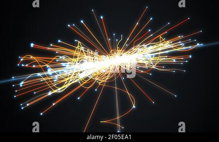 Collision de particules dans le collisionneur de hadrons. Concept d'astrophysique. Illustration de rendu 3D. Banque D'Images