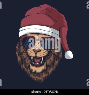 Lion portant un chapeau de père noël pour illustration vectorielle de noël votre entreprise ou marque Illustration de Vecteur