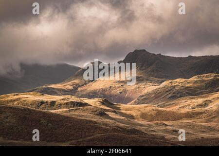 La lumière douce du soleil met en évidence les contours des Langdale Pikes de Argent Howe Banque D'Images