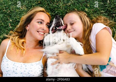 Par-dessus une femme et une fille enchantée qui embrasse un joli chien Collie à bordure douce tout en étant allongé sur l'herbe sur la prairie dans le parc Banque D'Images