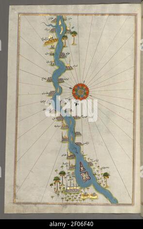 Piri Reis - carte des oasis et des villages le long du Nil jusqu'à Sidi Musá Banque D'Images