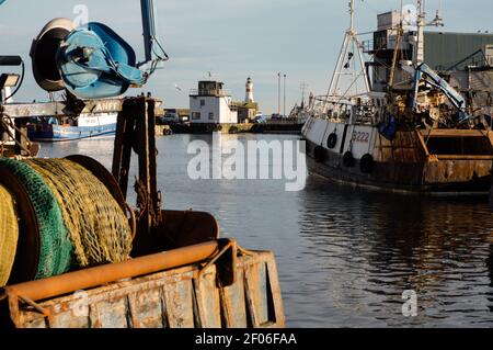 Chalutiers pélagiques de la mer du Nord dans le port de Peterhead sous le soleil de la soirée, Aberdeenshire, 2008. Banque D'Images