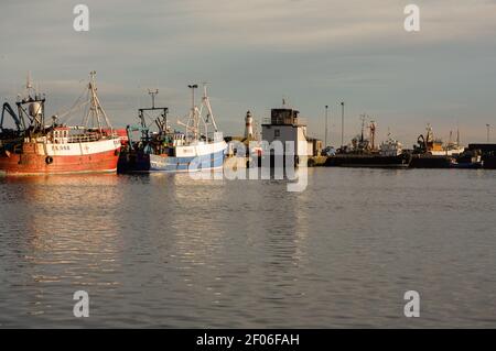 Chalutiers pélagiques de la mer du Nord dans le port de Peterhead sous le soleil de la soirée, Aberdeenshire, 2008. Banque D'Images