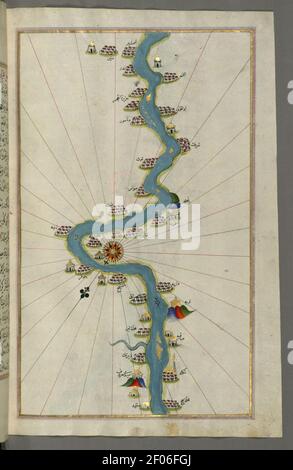 Piri Reis - carte des oasis et des villages le long Le Nil jusqu'à Sidi Musá Banque D'Images