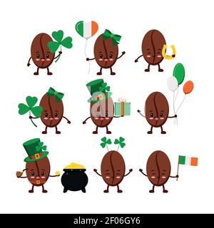 Ensemble d'icônes de grains de café St Patrick Day isolé. Illustration de Vecteur