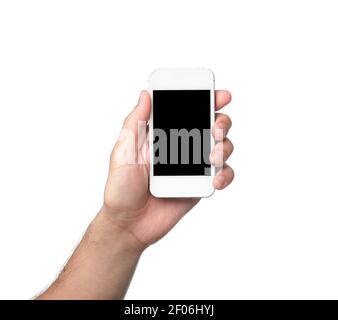 Téléphone intelligent avec écran isolé et main mâle Banque D'Images