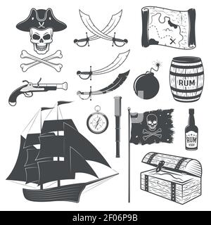 Pirates éléments monochromes avec carte du télescope drapeau d'arme de voilier illustration vectorielle isolée de boule de canon de poitrine de rhum Illustration de Vecteur