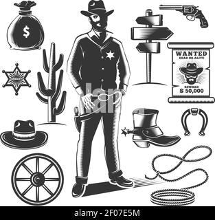 Ensemble icône shérif avec éléments isolés noirs de cow-boys et illustration vectorielle des équipements sheriffs Illustration de Vecteur