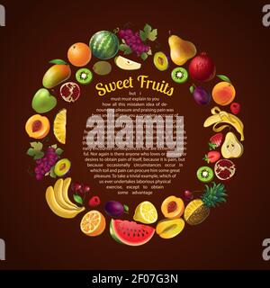 Composition ronde de fruits avec ensemble d'icônes isolées combiné en BID cercle et espace pour l'illustration du vecteur de texte Illustration de Vecteur