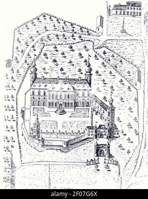 Plan ancien du château de Trazegnies. Banque D'Images