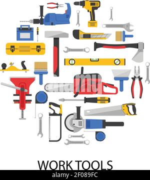 Jeu d'outils de travail de forme ronde avec scies perceuses clés illustration de vecteur isolé de meuleuse de pince-étau Illustration de Vecteur