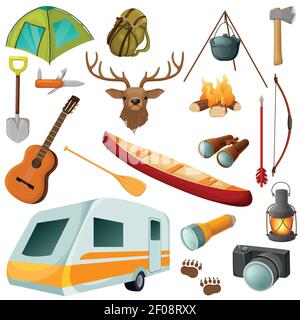 Camping coloré isolé Icon Set avec les équipements et les éléments de tenue pour l'illustration du vecteur de randonnée Illustration de Vecteur