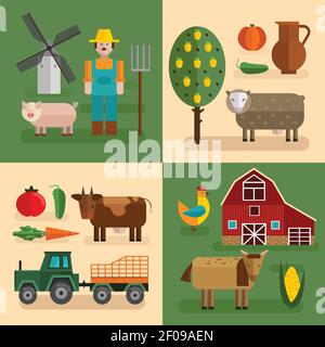 Quatre ensembles carrés de composition de ferme plate ou ensemble d'icônes isolées avec différents types d'illustration de vecteur d'exploitation Illustration de Vecteur