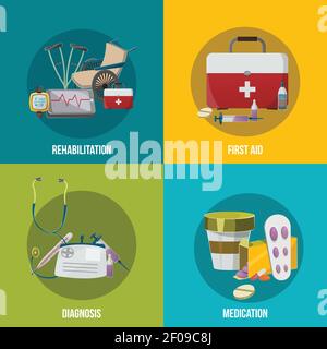 Icône des établissements de santé avec descriptions des premiers soins de réadaptation diagnostic et illustration du vecteur de médicament Illustration de Vecteur