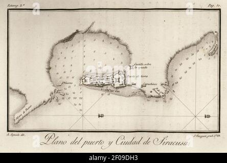 Plano del puerto y Ciudad de Syracuse - Moreno José - 1790. Banque D'Images