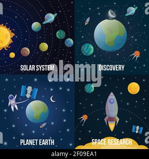 Ensemble d'icônes colorées d'univers à quatre espaces carrés avec descriptions de découverte du système solaire planète terre et recherche spatiale illustration du vecteur Illustration de Vecteur