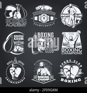 Clubs de boxe et compétitions monochromes emblèmes avec gants de sport poinçonner sacs sur fond noir illustration de vecteur isolé Illustration de Vecteur