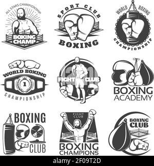 Boxe noir blanc emblèmes de clubs et de championnats avec combattant illustration vectorielle isolée récompensée par un équipement sportif Illustration de Vecteur