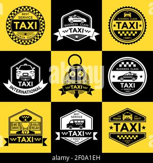 Étiquettes style rétro de taxi avec motif de damier de véhicule conducteur activé illustration vectorielle isolée sur fond jaune et noir Illustration de Vecteur