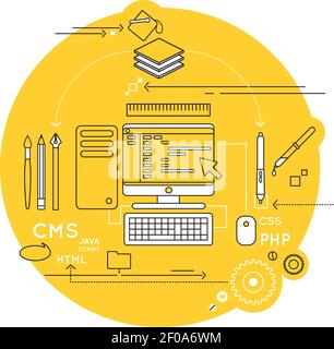 Composition de ligne de conception Web avec ordinateur et outils nécessaires à illustration vectorielle designer at work Illustration de Vecteur