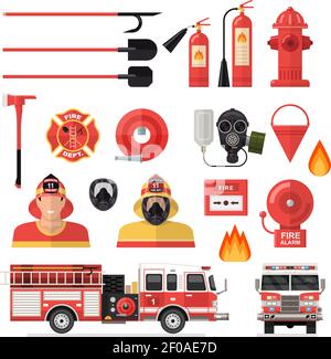 Ensemble d'icônes colorées isolées pour pompier avec outils et accessoires et véhicules pour l'illustration du vecteur de lutte contre l'incendie Illustration de Vecteur