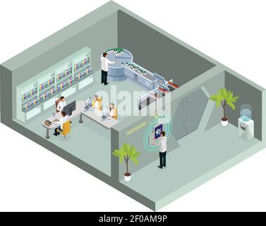 Modèle d'identification biométrique isométrique avec un scientifique utilisant l'authentification rétinienne pour illustration vectorielle isolée de l'accès au laboratoire Illustration de Vecteur