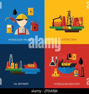 Jeu de quatre carrés de couleur industrielle d'huile avec description de produits pétroliers et industrie extraction de pétrole raffinerie de pétrole illustration vectorielle Illustration de Vecteur