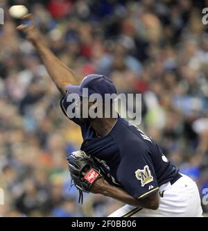 Milwaukee Brewers pitcher LaTroy Hawkins falls as he delivers against the  Minnesota Twins in a baseball game Friday, July 1, 2011 in Minneapolis. (AP  Photo/Andy King Stock Photo - Alamy