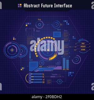 Résumé concept d'interface future interface utilisateur de style futur avec Round boutons graphiques et barres de progression connectés par vecteur de lignes de lumière illustration Illustration de Vecteur