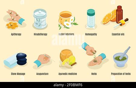 Ensemble d'éléments de médecine alternative isométriques avec l'arithérapie l'hirudothérapie herbes homéopathie huiles pierre massage acupuncture traitement ayurvédique isolé Illustration de Vecteur