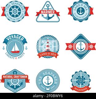 L'icône nautique est composée d'étiquettes rétro colorées de différentes formes avec illustration rouge du vecteur ruban Illustration de Vecteur