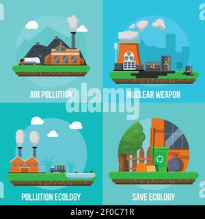 Pollution de l'environnement jeu d'icônes colorées avec descriptions de la pollution de l'air illustration du vecteur écologie de pollution par les armes nucléaires et écologie de sauvegarde Illustration de Vecteur