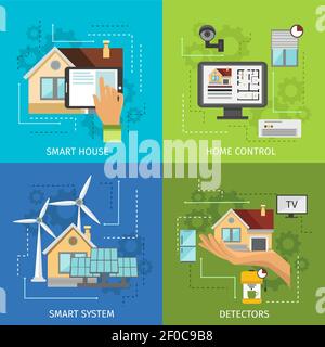 Ensemble d'icônes de Smart House colorées avec descriptions de Smart House illustration du vecteur de contrôle du système et des détecteurs Illustration de Vecteur