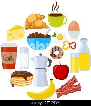 Ensemble de plats ICON disposés en cercle avec des éléments de petit déjeuner illustrations vectorielles plats et nourriture pour déjeuner Illustration de Vecteur