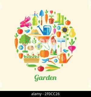 Jardin affiche colorée ses nombreuses petites icônes avec des attributs A. jardinier dans une illustration vectorielle grand cercle Illustration de Vecteur